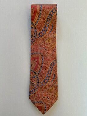 100% Silk Men's Paul Fredrick Orange, Apricot, Blue & Gold Paisley Brocade Tie